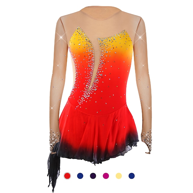  Kűrruha Női Lány Klizanje na ledu Ruhák Felszerelések Narancssárga piros Ibolya Sárga Aszimmetrikus szegély Háló Spandex Verseny Kűrruhák Divat Hosszú ujj Jégkorcsolyázás Műkorcsolyázás