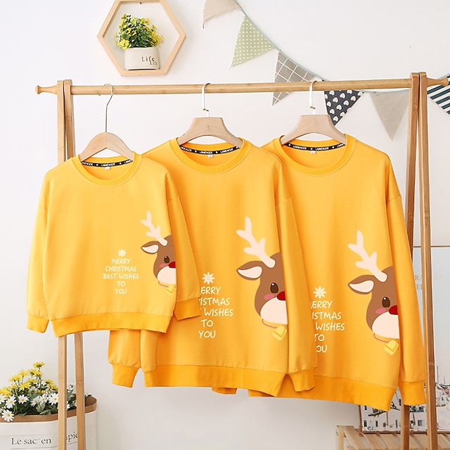 Baby & Kids Matching Outfits | Family Look Tops Cotton Deer Christmas pattern Letter Sports Print Green Black Pink Long Sleeve A