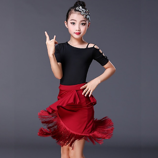  Kids' Dancewear Skirts Tassel Hollow-out Pure Color Girls' Performance Training Short Sleeve Spandex
