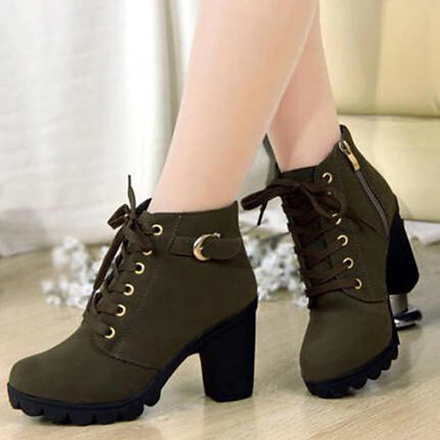Women's Black Lace-Up Ankle Boots with Chunky Heel and Side Buckle, Casual Fashion Short Boots for Autumn and Winter Streetwear 11