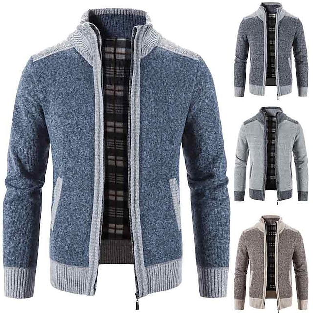  Men's Sweater Cardigan Zip Sweater Sweater Jacket Fleece Sweater Knit Knitted Color Block Shirt Collar Stylish Casual Outdoor Sport Clothing Apparel Fall Winter Blue Light Grey S M L