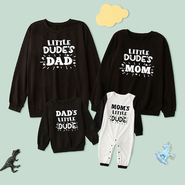 Baby & Kids Matching Outfits | Family Look Tops Sweatshirt Letter Daily Patchwork Black Long Sleeve Daily Matching Outfits / Fal