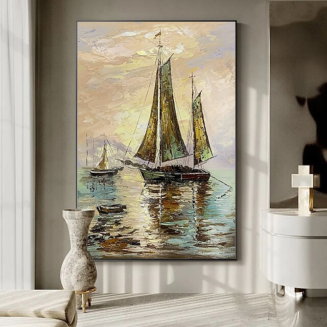 Home & Garden Wall Art | Oil Painting Handmade Hand Painted Wall Art Abstract Seascape Golden Sailboat Home Decoration Decor Str