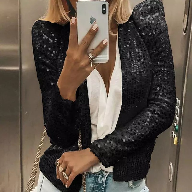  Vrouwen Sequin Sprankelende Cardigan Jas Lange Mouw Open Voor Slim Fit Geï sequinde Lente Mode Open Steek Jas Met Effen Kleur Voor Feest Casual Mode Lente  Herfst