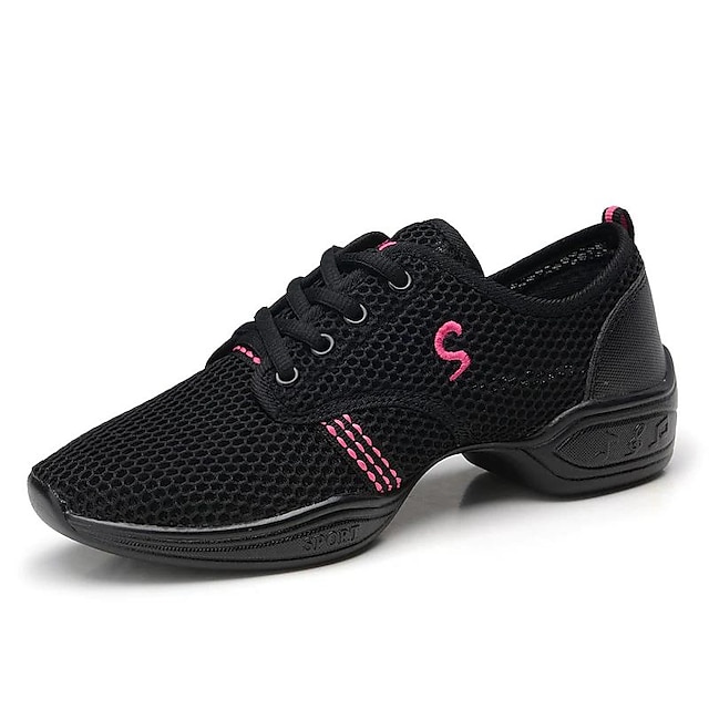  adidași de dans cu șireturi din plasă ușoară pentru femei – pantofi sport negri respirabili pentru antrenamente de jazz, zumba și fitness