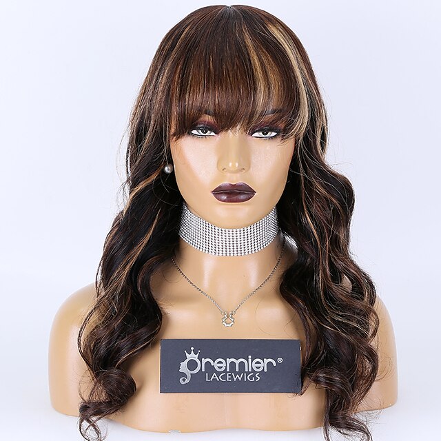 

Remy Human Hair 360 Frontal Wig Brazilian Hair Body Wave Multi-color Wig 150/ 180% Density with Baby Hair Highlighted / Balayage Hair Natural Hairline With Bangs With Bleached Knots