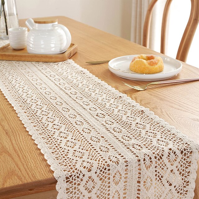 Hand Crochet Cotton Table Runner Vintage Lace Boho Table Doily with Tassel Beige 