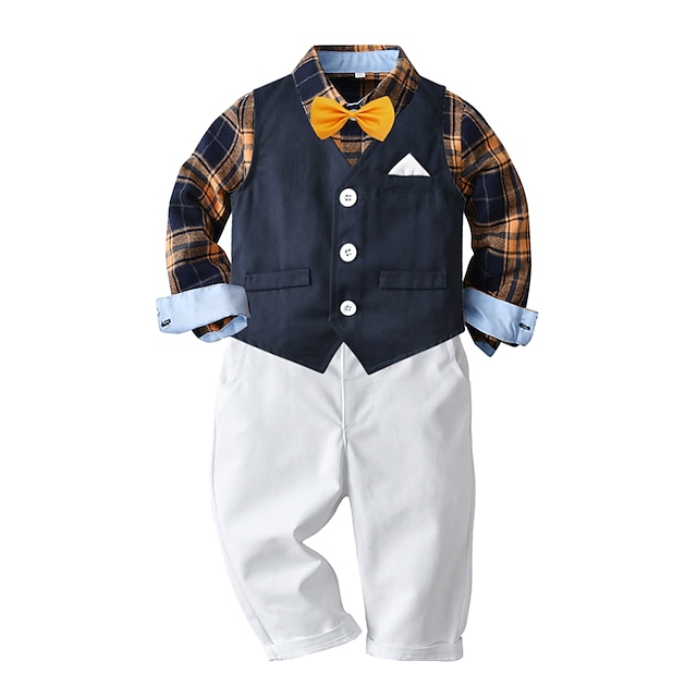 Baby & Kids Boys Clothing | Kids Toddler Boys Clothing Set 4 Pieces Long Sleeve Blue Plaid Loose Cotton Formal Basic 2-6 Years /