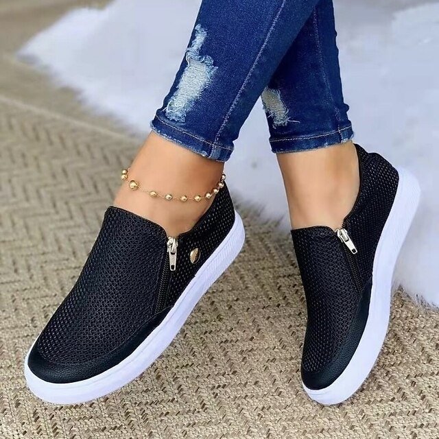 Women's White Zipper Slip-On Sneakers - Comfortable Casual Shoes with ...