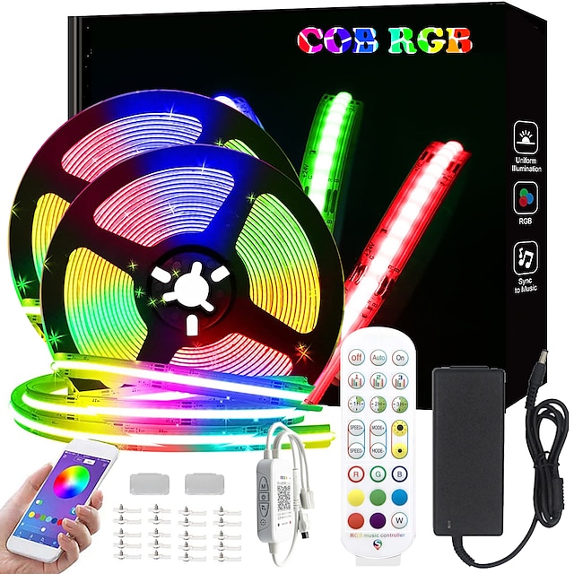  2.5M 5M 10M COB LED Smart Strip Lights Christmas Decor Music Sync RGB APP Perfect Linear Color Changing Lamp with Bluetooth IR24 Key Controller Adapter for Bedroom Home TV Back Light DIY Decor