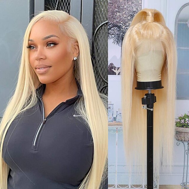 

180% 44 Lace 613 Blonde Lace Front Wig Human Hair Brazilian Straight Lace Frontal Wig Pre Plucked with Baby Hair Light Blonde Human Hair Wigs for Black Woman Bleached Knots