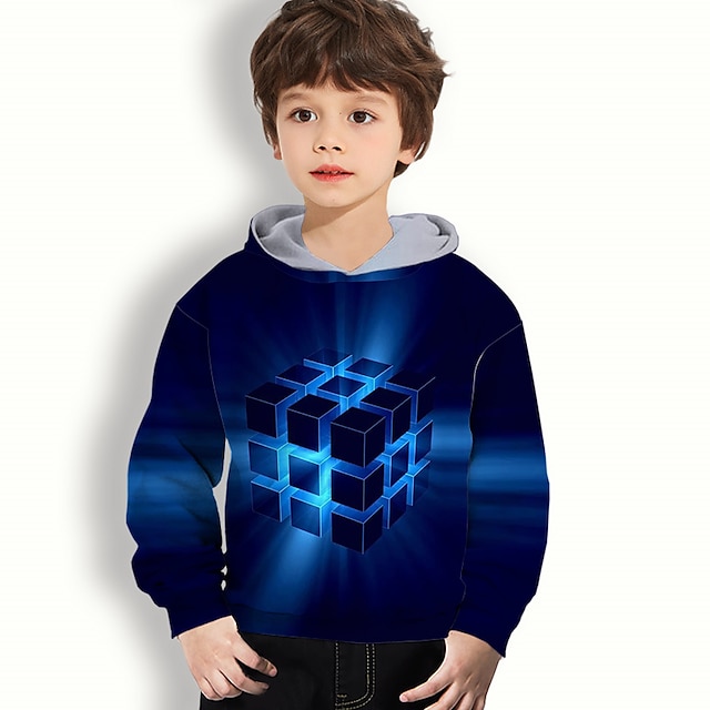 Baby & Kids Boys Clothing | Kids Boys Hoodie Long Sleeve Blue 3D Print Optical Illusion Daily Indoor Outdoor Active Fashion Dail