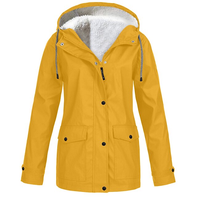  Women's Rain Jacket Hooded Raincoat Parka Winter Fleece Jacket Outdoor Waterproof Windproof Windbreaker Lightweight Warm Casual Sports Trench Coat Hoodies Outerwear Top Sweatshirt Overcoat