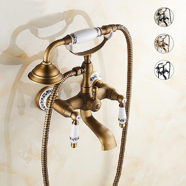  ברז כיור אמבטיה, פליז צורת טלפון התקנת קיר נפוץ נשלף בסגנון כפרי מצופה נחושת גימור שתי ידיות ברז אמבטיה עם מקלחת יד וניקוז