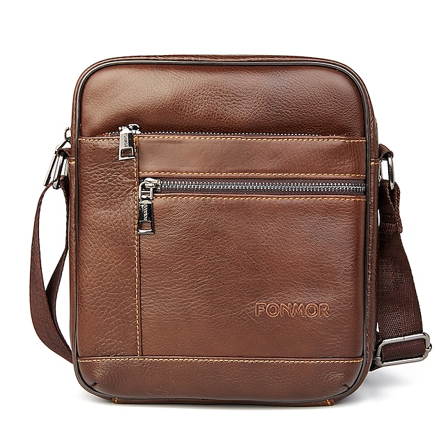  Men's Crossbody Bag Mobile Phone Bag Crossbody Bag Genuine Leather Office Casual Daily Zipper Solid Color Brown