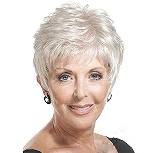  Short Fluffy Curly Silver White Color Synthetic Wigs With Bangs for Older Women