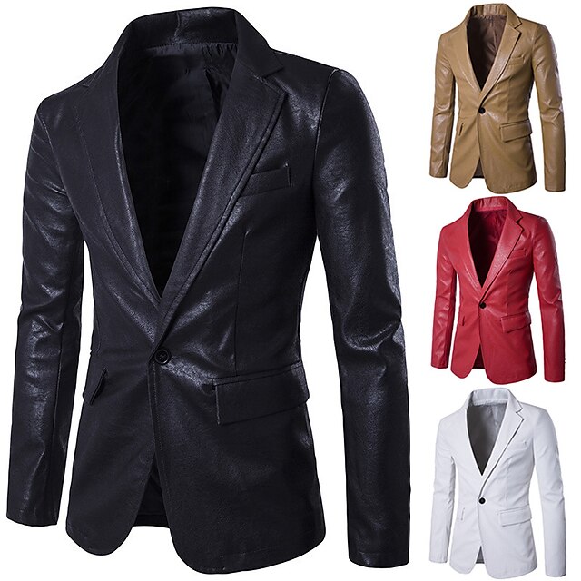  Men's Jacket Faux Leather Jacket Blazer Wedding Business Thermal Warm Rain Waterproof Pocket Fall Solid Color Business Elegant Turndown Regular Faux Leather Regular Fit Black White Red Khaki Jacket