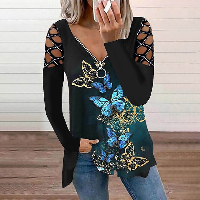  Women's Blouse Shirt Tunic Green Blue Red Butterfly Cut Out Flowing tunic Long Sleeve Holiday Weekend Streetwear Casual V Neck Regular Butterfly S / Print