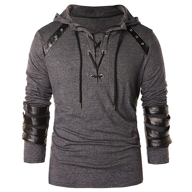 Mens Clothing Mens Hoodies & Sweatshirts | mens long sleeve hooded pullover lace up hoodie stitching leather armor sweatshirt me