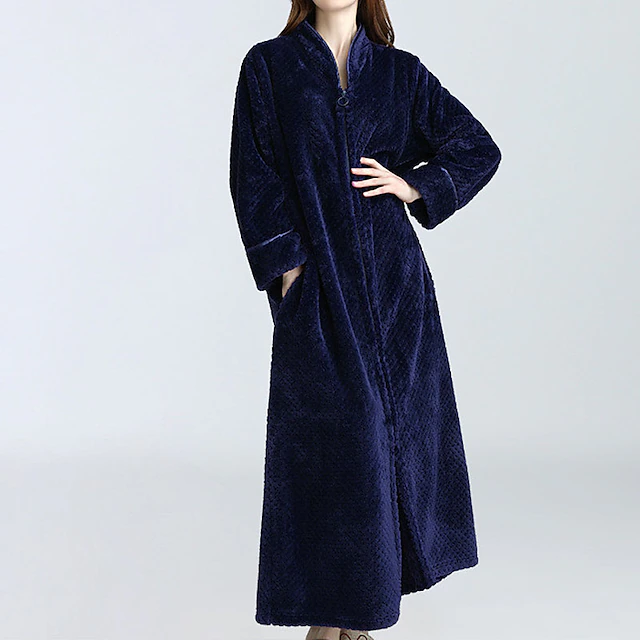 Women's Fleece Robes Fluffy Fuzzy Warm Pajama Gown Bathrobes Nighty 1 PCS Pure Color Plush Simple Comfort Home Daily Bed Coral Velvet Warm Breathable V Wire Long Sleeve Basic Fall Winter Home Outfits 19