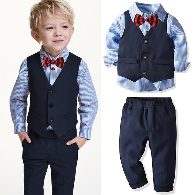 4 τεμάχια παιδικό αγόρι φανελάκι σετ παντελόνι 3-8 ετών μακρύ μανίκι μπλε ριγέ στάμπα φιόγκος βαμβακερό χαριτωμένο κοστούμι για πάρτι