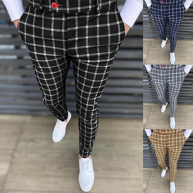  Men's Chinos Trousers Jogger Pants Plaid Dress Pants Chino Pants Pocket Lattice Breathable Outdoor Full Length Casual Daily Fashion Casual Black Blue Micro-elastic