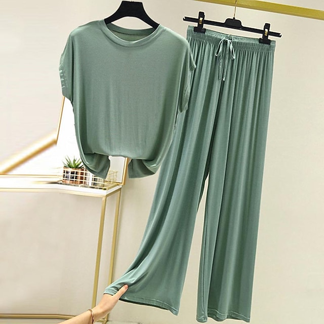  Women's Pajamas Sets 1 set Pure Color Simple Fashion Comfort Home Party Daily Modal Breathable Crew Neck Short Sleeve T shirt Tee Pant Basic Elastic Waist Fall Spring Green Black