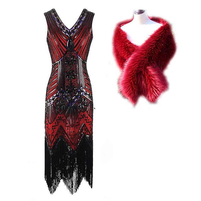  Roaring 20s 1920s Cocktail Dress Vintage Dress Flapper Dress Dress Outfits Prom Dress Christmas Party Dress The Great Gatsby Charleston Plus Size Women's Sequins Tassel Fringe V Neck Normal Christmas