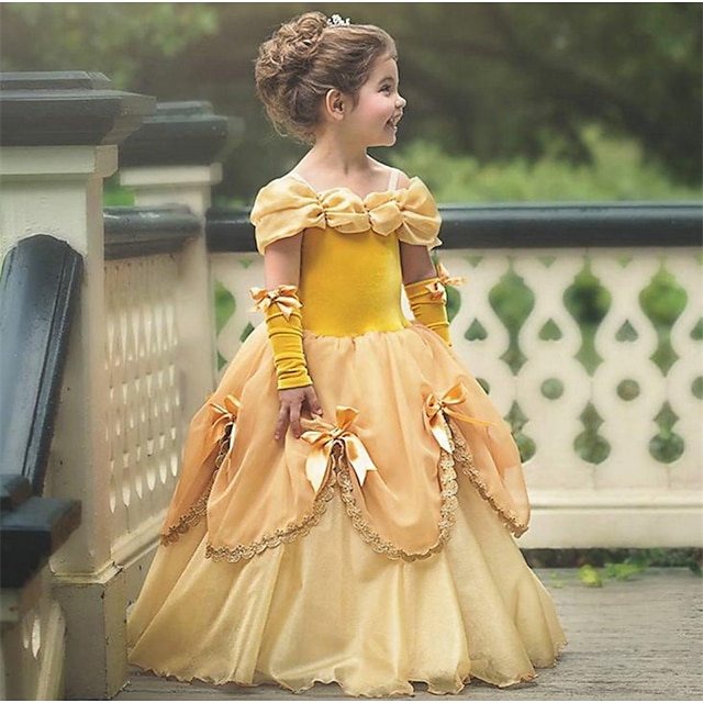  Princess Belle Dress Flower Girl's Dress with Gloves Off Shoulder Beauty and Beast Cosplay Costume Party Costume Girls' Kid's Costume Vintage Cosplay Sleeveless Wedding Guest
