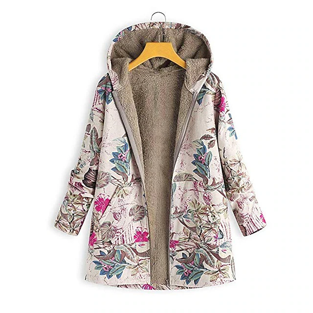 Women's Winter Jacket Fleece Jacket Sherpa Jacket Teddy Coat Daily Going out Fall Winter Regular Coat V Neck Loose Fit Warm Retro Casual Jacket Long Sleeve Trees / Leaves Pocket White Pattern Pink 11