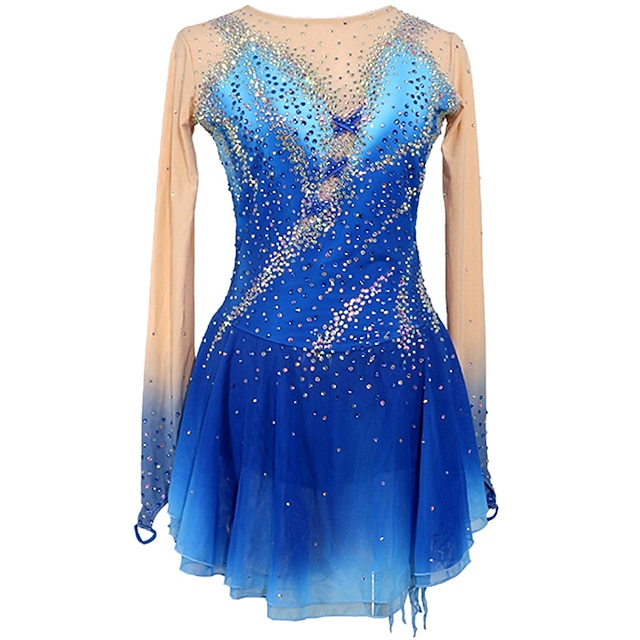  Figure Skating Dress Women's Girls' Ice Skating Dress Outfits Blue+Light Blue Patchwork Asymmetric Hem Mesh Spandex High Elasticity Competition Skating Wear Handmade Crystal / Rhinestone Long Sleeve