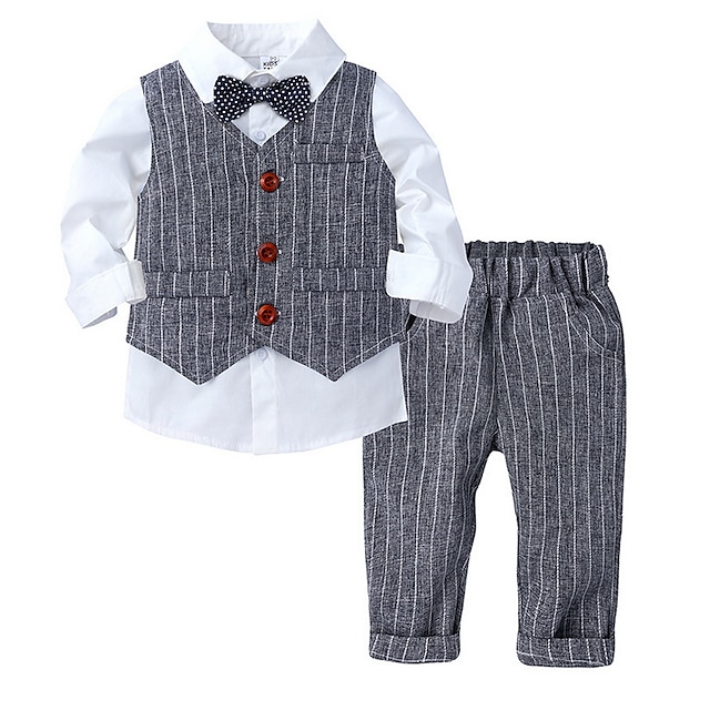Baby & Kids Boys Clothing | Kids Boys Clothing Set 3 Pieces Long Sleeve Blue Gray Beige Stripe Bow Cotton Indoor Outdoor Basic D