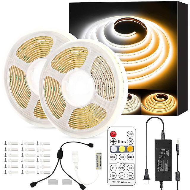  Cob Dual LED Strip Light 2.5M 5M 10M Light Source 2700-6500K LED Strip Lamp RF16 Key CCT Timing Dimming Controller with 24V Adapter Kit is Suitable for DIY Lighting of Cabinet Bedroom Kitchen TV Mirror