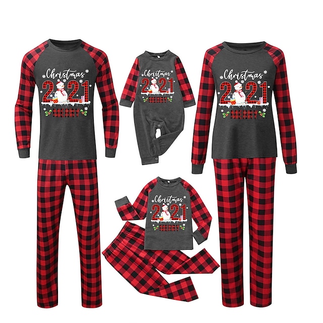  Crăciun Pijamale Familie Uite Plisat Om de Zăpadă Scrisă Sport Imprimeu Negru Manșon Lung Activ Tinute potrivite