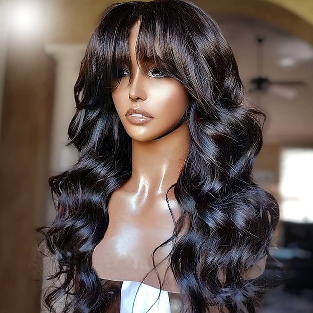  Human Hair Wig Long Body Wave With Bangs Natural Party Best Quality New Arrival Capless Brazilian Hair Women's Natural Black #1B 12 inch 14 inch 16 inch Daily Thanksgiving New Year