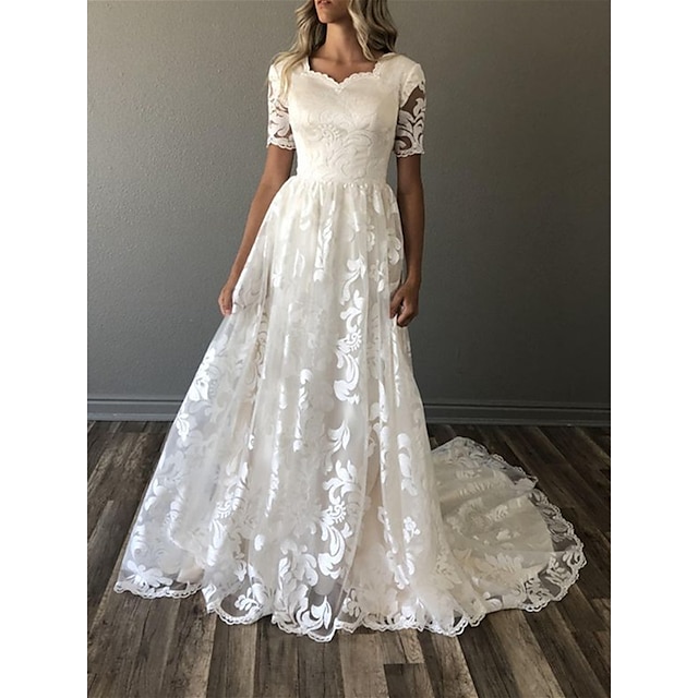 Hall Wedding Dresses A-Line Square Neck Short Sleeve Court Train Lace ...