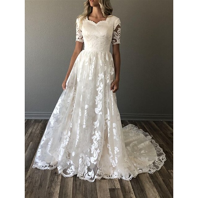 A-Line Square Neck Short Puff Sleeves Court Train Back Zipper Wedding Dress