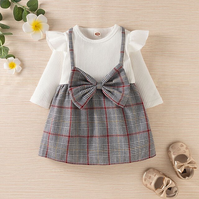  Robe bébé Fille Actif Le style mignon Plein Air Vacances Coton Décor Tartan Noeud Imprimer Manches Longues Midi Blanche