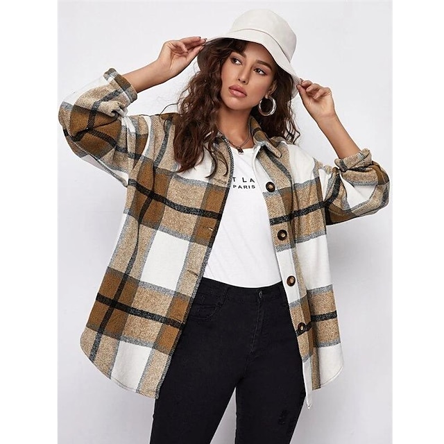 Womens Clothing Womens Outerwear | Womens Coat Daily Going out Spring &Fall Coat Shirt Collar Loose Classic Daily Shacket Jacket