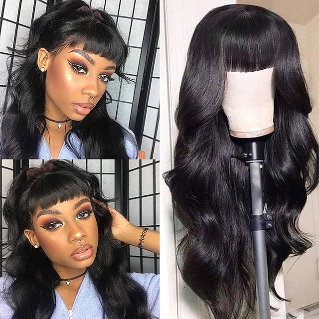  Human Hair Wig Long Body Wave With Bangs Natural Party Best Quality New Arrival Capless Brazilian Hair Women's Natural Black #1B 12 inch 14 inch 16 inch Daily Thanksgiving New Year