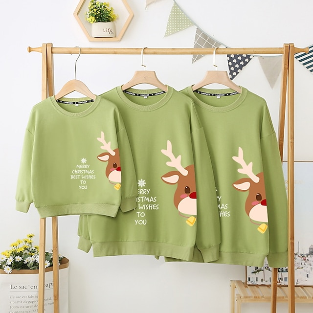 Baby & Kids Matching Outfits | Family Look Tops Cotton Deer Christmas pattern Letter Sports Print Green Black Pink Long Sleeve A