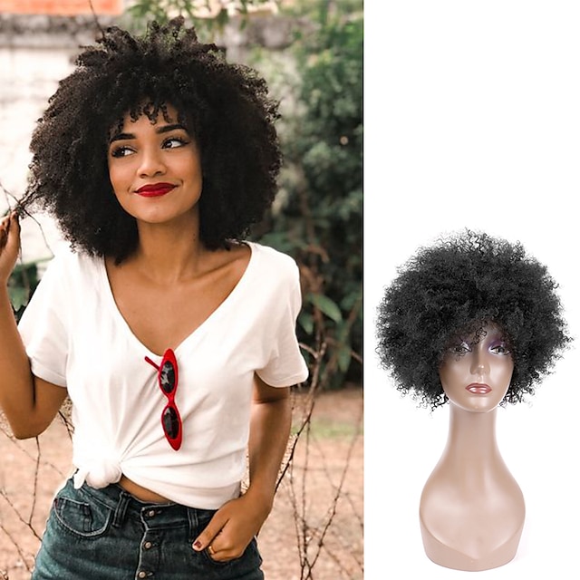 

Human Hair Wig Short Afro Curly With Bangs Natural Color Women Capless Burmese Hair Women's Natural Black #1B 8 inch Daily Wear