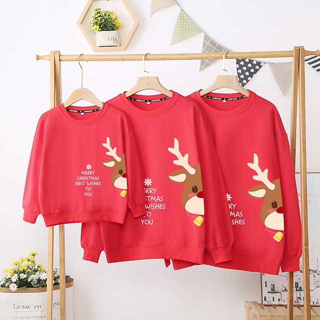 Baby & Kids Matching Outfits | Family Look Tops Cotton Deer Christmas pattern Letter Sports Print Green Black Pink Long Sleeve A