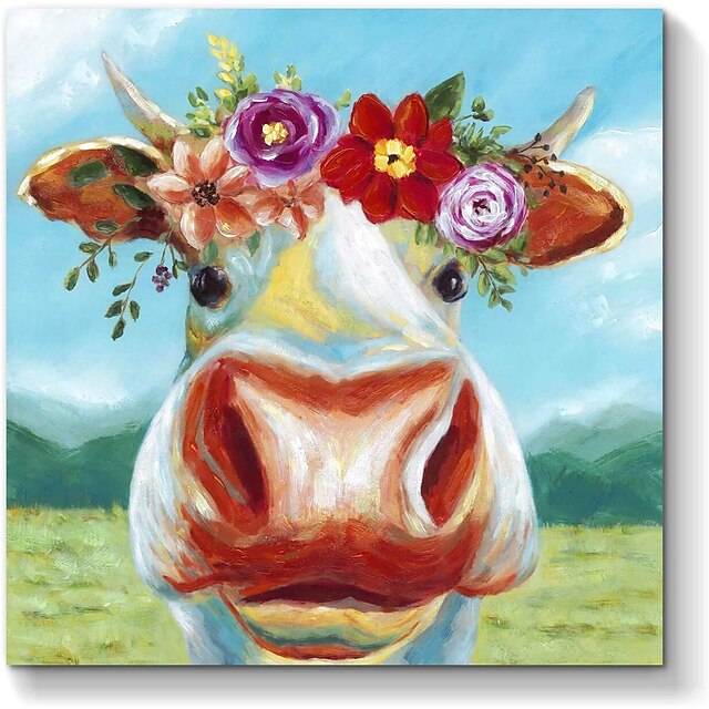 Home & Garden Wall Art | Abstract Animal Wall Art Picture Cow Artwork Oil Painting on Canvas for Home (24 x 24 inch) - LZ07441