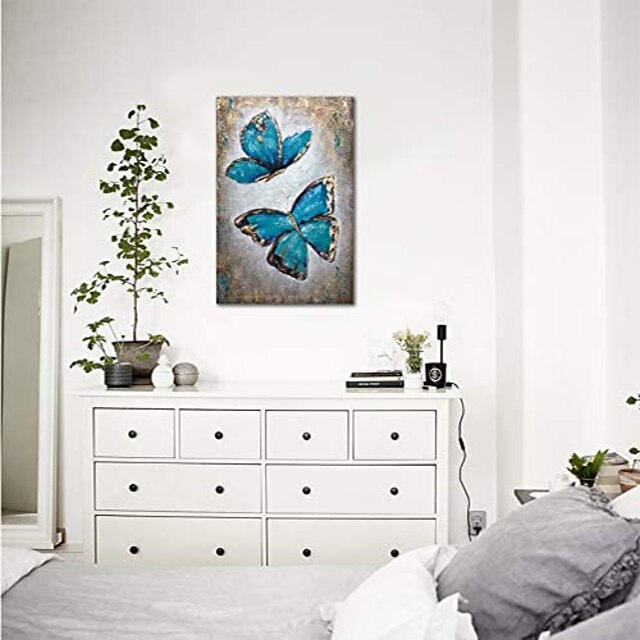 Home & Garden Wall Art | Hand Painted Beautiful Butterfly Oil Painting on Canvas Modern Abstract Teal Blue Gold Art Artwork for 