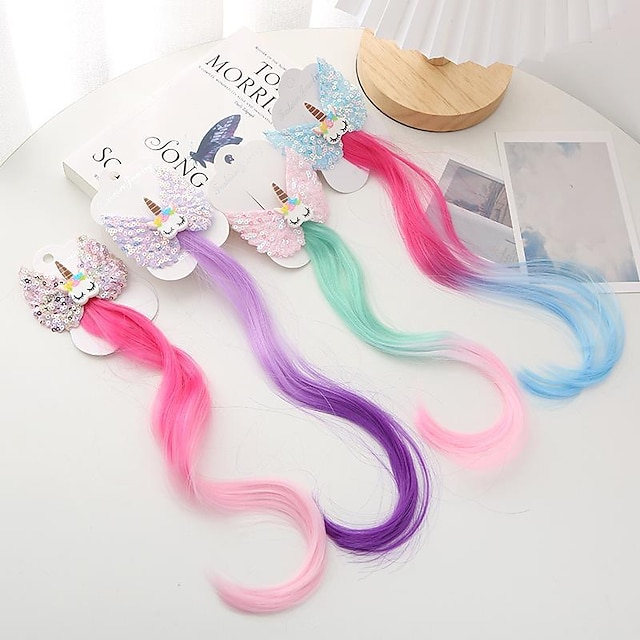 15" Inch Unicorn Hair Extension Clips Braid Ponytail Weave Pink Purple Wig Piece