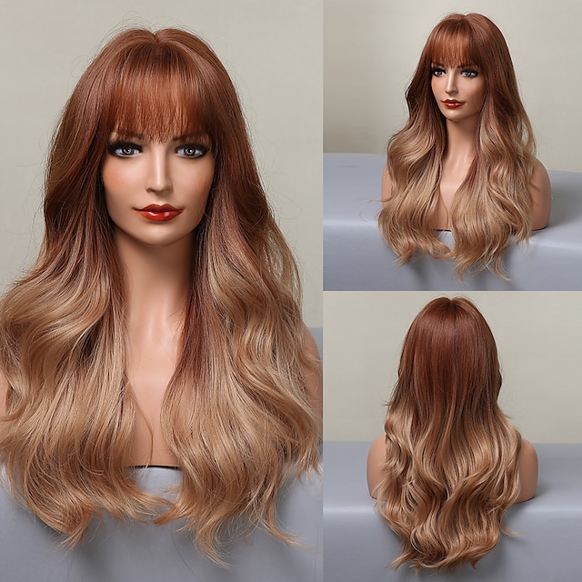 Beauty & Hair Wigs & Hair Pieces | HAIRCUBE Long Wavy Auburn/Ombre Brown/Ash Brown/Dark Brown/Dark Synthetic Wigs with Bangs Nat