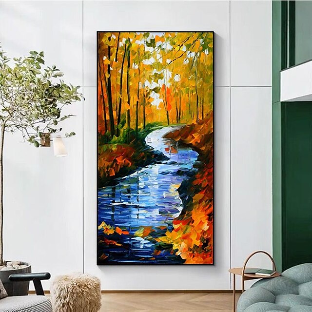 Home & Garden Wall Art | Oil Painting Handmade Hand Painted Wall Art Abstract Landscape Colorful Fall Leaf River Home Decoration