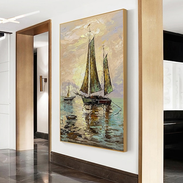 Home & Garden Wall Art | Oil Painting Handmade Hand Painted Wall Art Abstract Seascape Golden Sailboat Home Decoration Decor Str