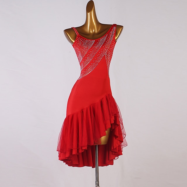  vestito da ballo salsa latino con cristalli/strass da donna senza maniche in spandex